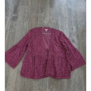 LOGO Lavish Cardigan Womens XL Magenta Excellent Eyelet Tie Front Bell Sleeve